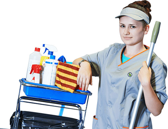Woman with a mop and other cleaning supplies.